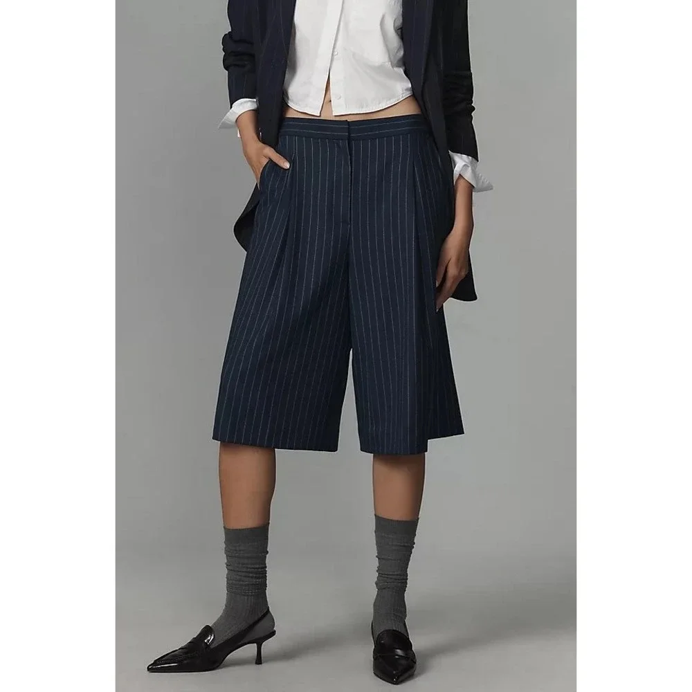 Anthropologie NWT Pinstripe Culottes Pleated Trouser Shorts Blue Size 16 Petite